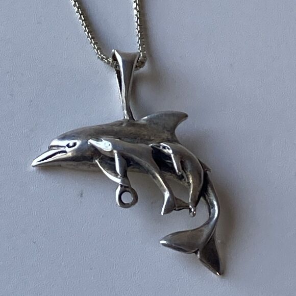 Vintage Sterling Silver 925 Dolphin Mom Baby Family Pendant Necklace 24in Chain - Picture 3 of 14